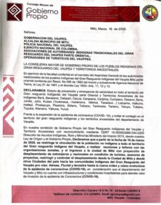 Letter from Gobierno-Propio Vaupés